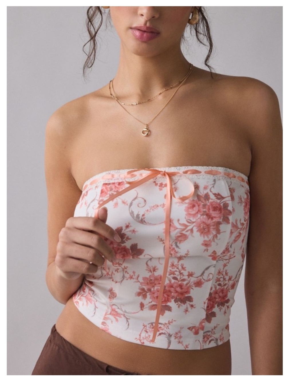 🟤NWT KIMCHI BLUE Delphine Lace + Ribbon Trim Crop Tube Top in Peach Floral